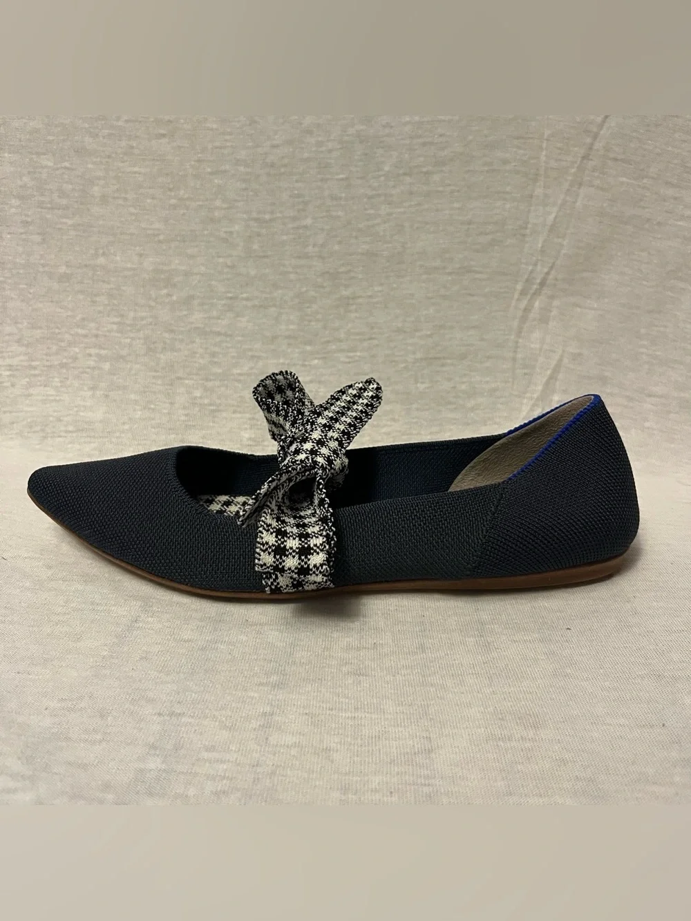 Rothy's The Point Mary Jane Bow Navy Flat with Houndstooth Bow